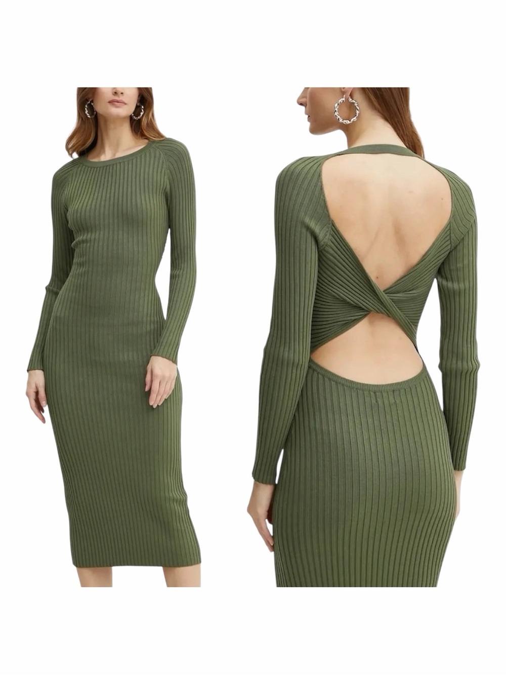 NWT! Bardot Olive Green Vigo Open-Twist-Back Ribbed Knit Midi Dress. UK 14/US 10